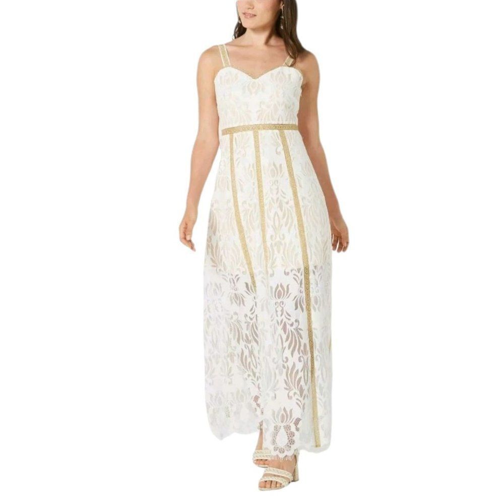 FOXIEDOX LACE OVERLAY MAXI DRESS WHITE METALLIC GOLD EYELASH HEM
